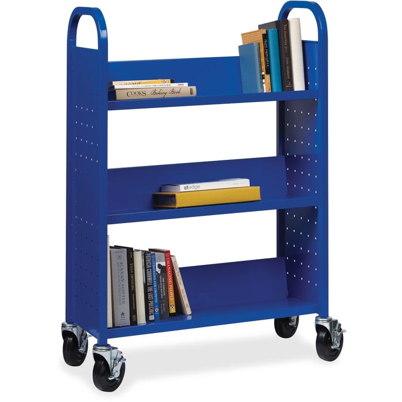 Lorell Single-Sided Mobile Steel Book Cart, 3-Shelf, Blue MPN:99934