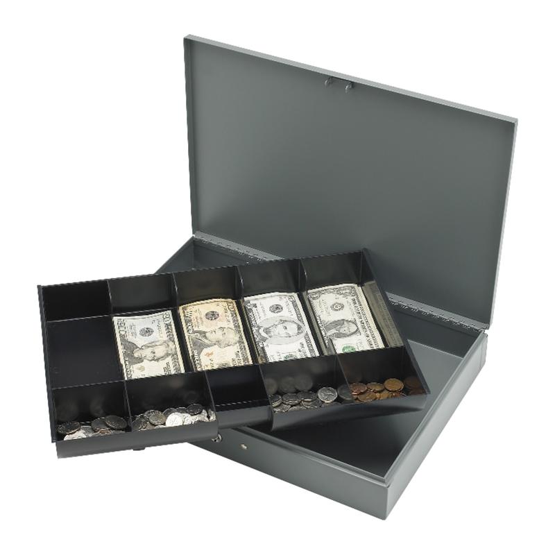 Sparco All-Steel Key Lock Cash Box With Tray, 10 Compartments, 2in x 10 1/2in x 15in, Gray (Min Order Qty 2) MPN:15500