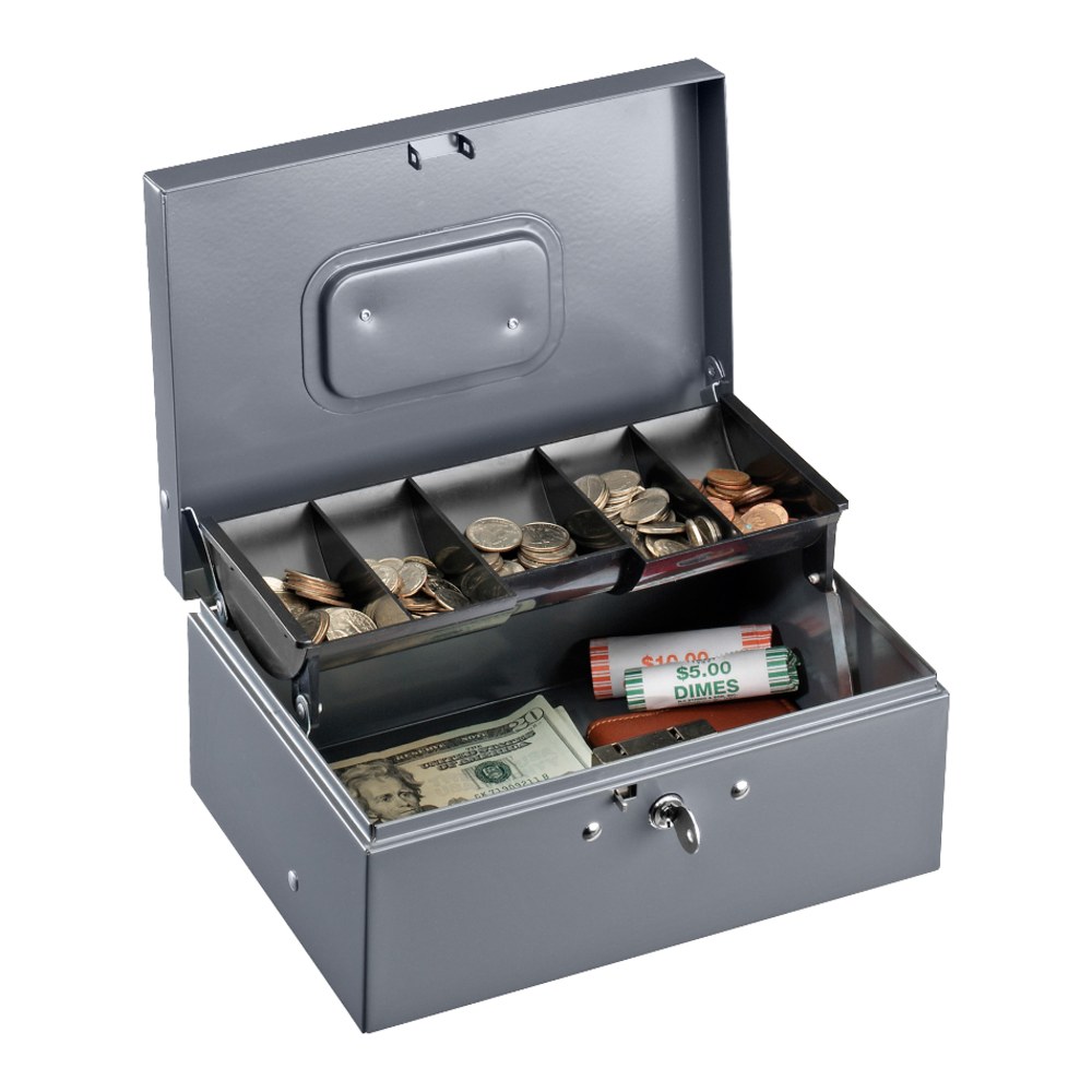 Sparco Key Lock Controller Cash Box With Tray, 5 Compartments, 3 7/16in x 11 7/16in x 7 1/2in, Gray (Min Order Qty 2) MPN:15507