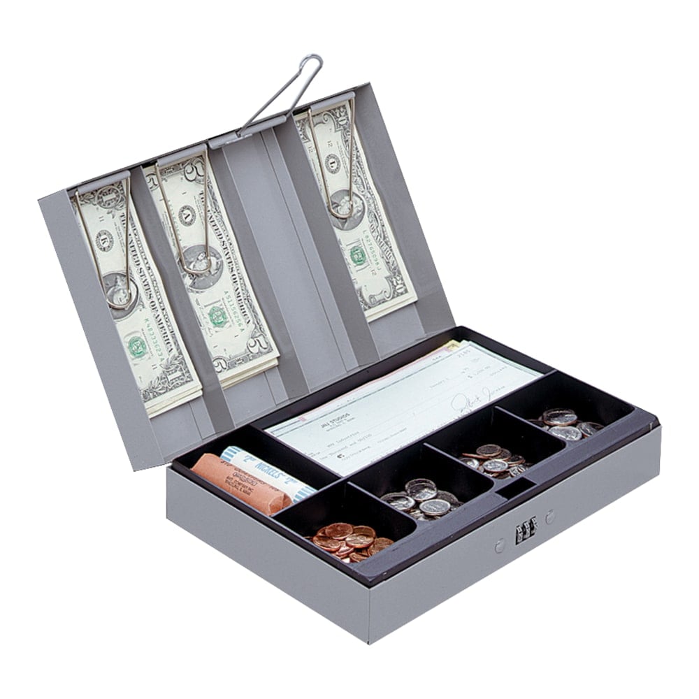 Sparco Steel Combination Lock Cash Box With Tray, 3 1/4in x 11 1/2in x 7 3/4in, Gray (Min Order Qty 2) MPN:15508