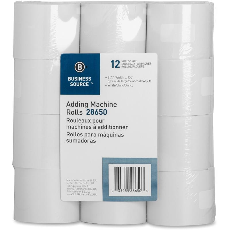 Business Source 150ft Adding Machine Rolls - 2 1/4in x 150 ft - 12 / Pack - Sustainable Forestry Initiative (SFI) - Lint-free - White (Min Order Qty 5) MPN:28650