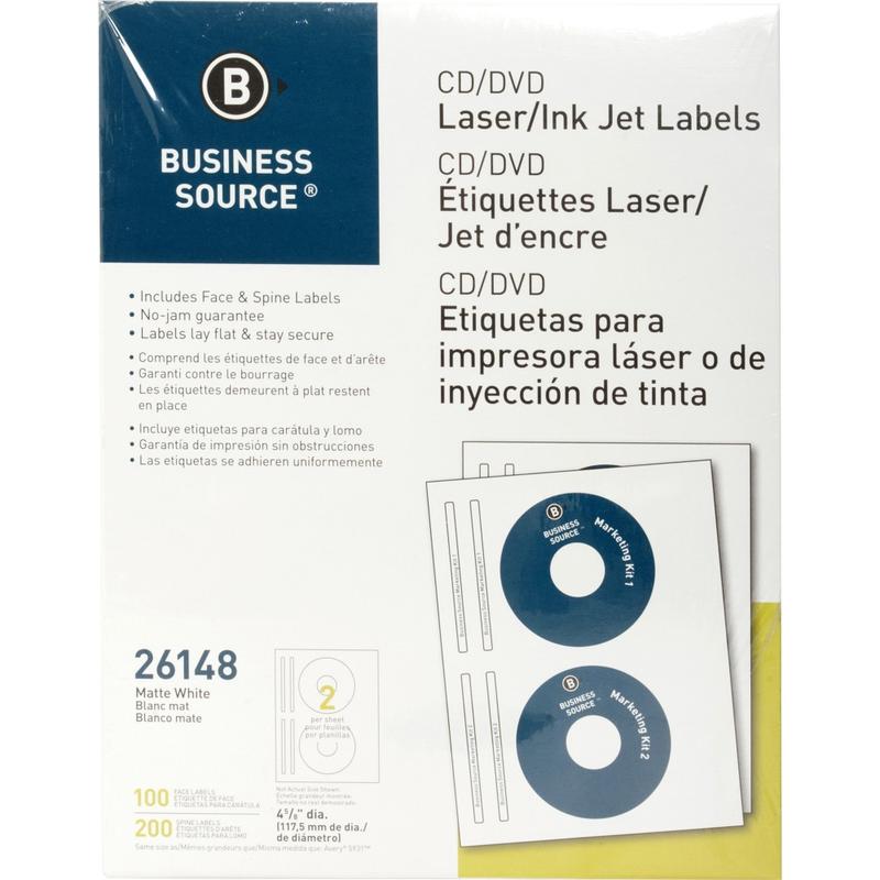 Business Source CD/DVD Labels - - Height4 5/8in Diameter - Permanent Adhesive - Circle - Inkjet, Laser - White - 100 / Pack - Lignin-free, Smudge Resistant (Min Order Qty 3) MPN:26148