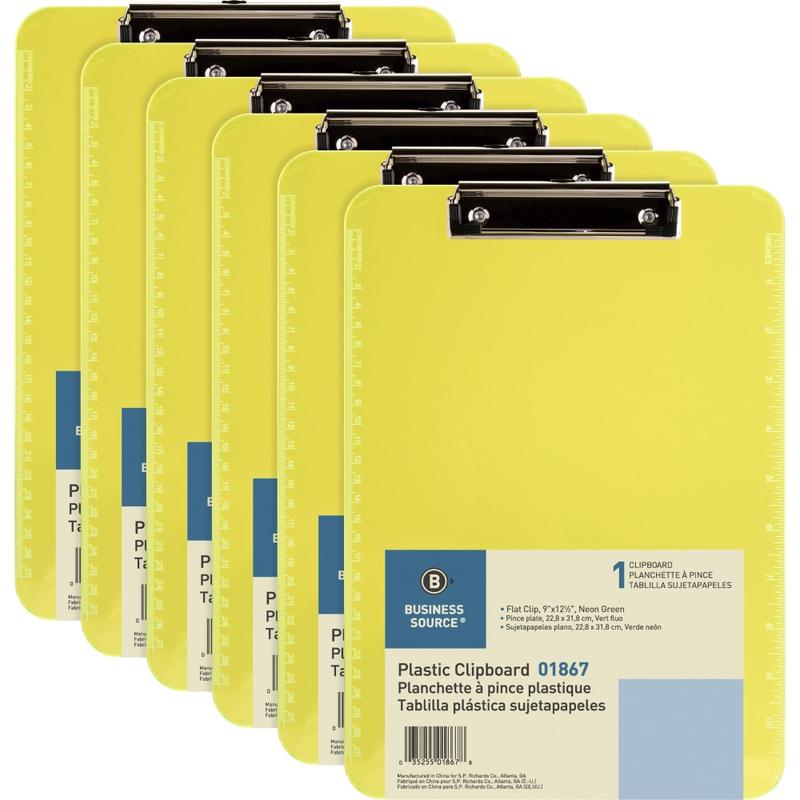 Business Source Flat Clip Plastic Clipboard - 9in x 12in - Plastic - Neon Green - 6 / Bundle (Min Order Qty 5) MPN:01867BD