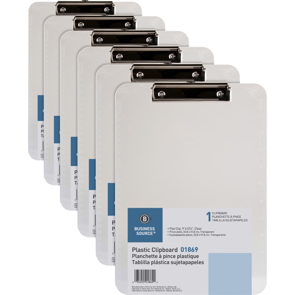 Business Source Flat Clip Plastic Clipboard - 9in x 12in - Plastic - Clear - 6 / Bundle (Min Order Qty 4) MPN:01869BD