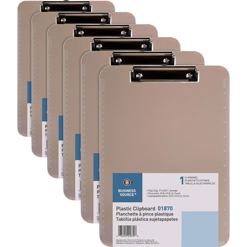 Business Source Flat Clip Plastic Clipboard - 9in x 12in - Plastic - Smoke - 6 / Bundle (Min Order Qty 6) MPN:01870BD