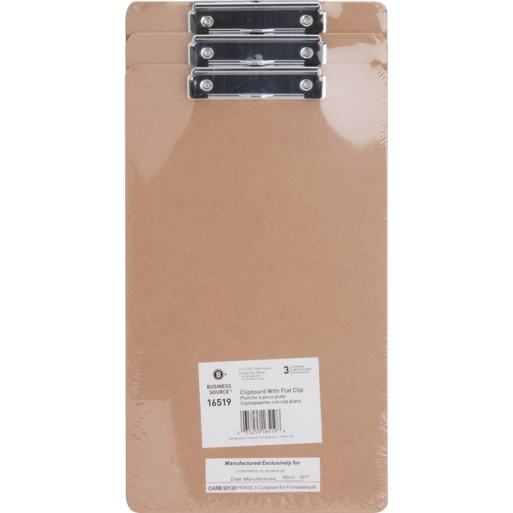 Business Source Legal-size Clipboard - 8 1/2in x 14in - Hardboard - Brown - 3 / Pack (Min Order Qty 6) MPN:16519