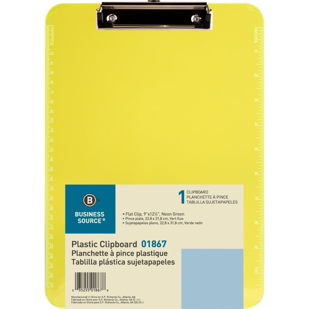 Sparco Plastic Clipboard With Flat Clip, 8 1/2in x 11in, Neon Green (Min Order Qty 10) MPN:01867