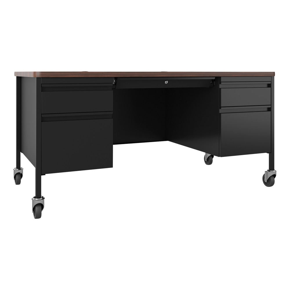 Lorell Fortress 60inW Double-Pedestal Mobile Teachers Computer Desk, Black/Walnut MPN:LLR66945