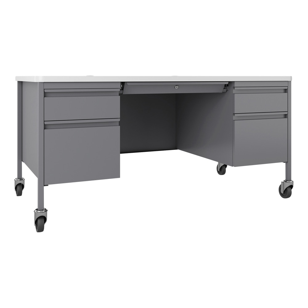 Lorell Fortress 60inW Double-Pedestal Mobile Teachers Computer Desk, Platinum/White MPN:LLR66946