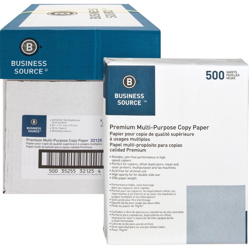 Business Source Premium Multi-Use Printer & Copy Paper, Letter (8.5in x 11in), 2500 Sheets Per Case, 20 Lb, 92 Brightness, Case Of 5 Reams (Min Order Qty 2) MPN:32125