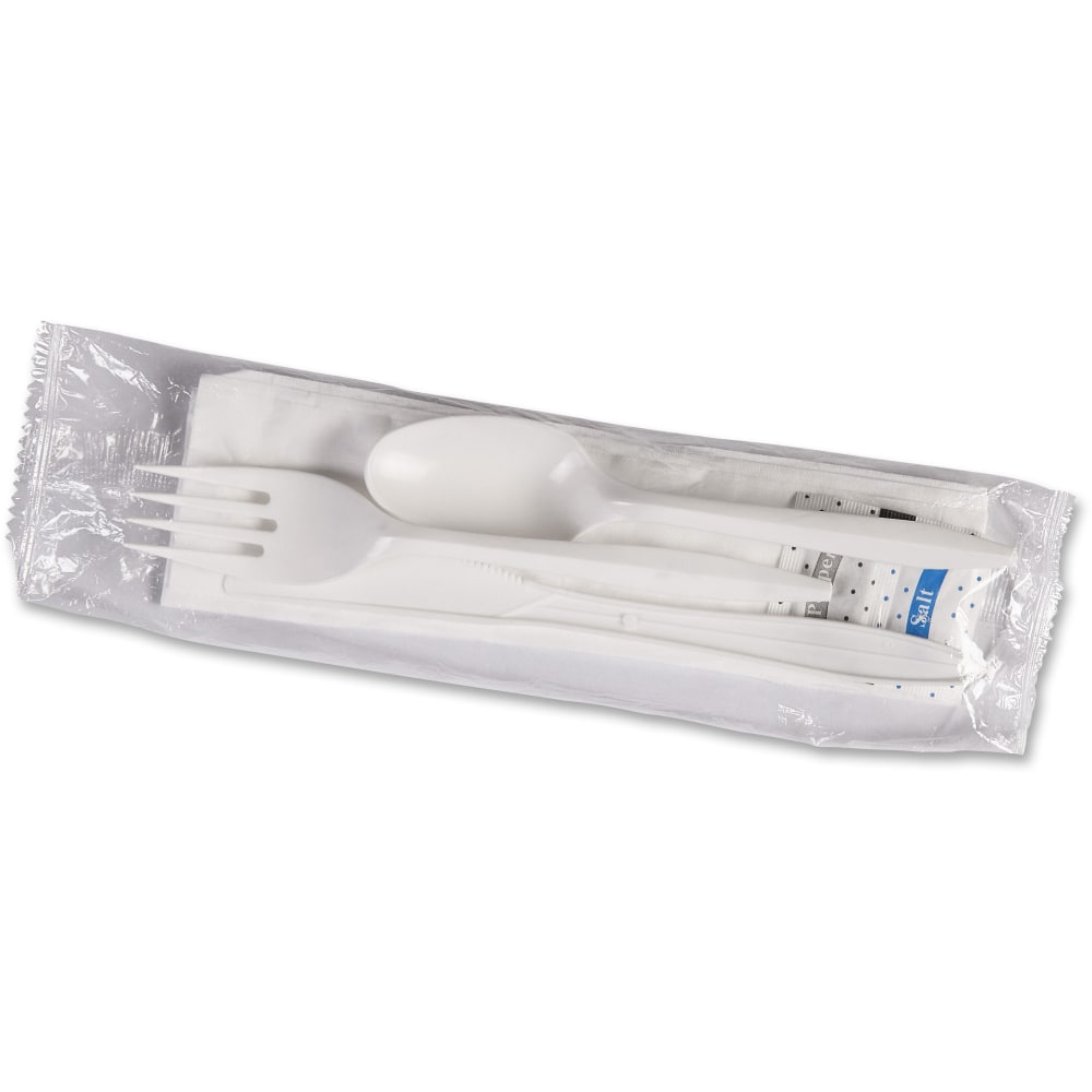 Genuine Joe 6-Piece Fork/Knife/Spoon Utensil Kit - 250 Piece(s) - 250/Carton - Cutlery Set - 1 x Spoon - 1 x Fork - 1 x Knife - Disposable - White (Min Order Qty 2) MPN:58943