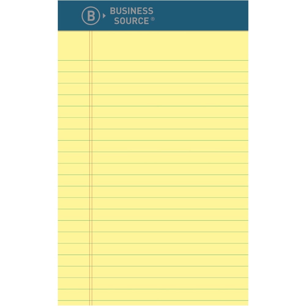 Business Source Premium Writing Pad - 5in x 8in - Canary Paper - Tear Proof, Sturdy Back, Bleed-free - 1 Dozen (Min Order Qty 2) MPN:03106