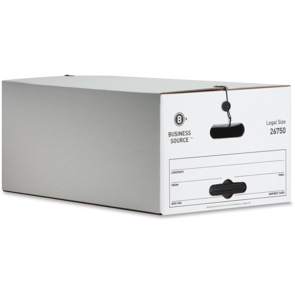 Business Source Light Duty Legal Size Storage Box - External Dimensions: 15in Width x 24in Depth x 10inHeight - Media Size Supported: Legal - String/Button Tie Closure - Light Duty - Stackable - White - For File - Recycled - 12 / Carton MPN:26750