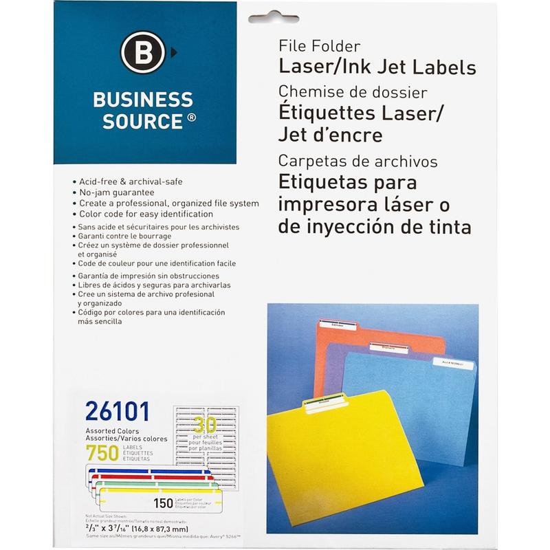 Business Source Laser/Inkjet File Folder Labels - 21/32in Width x 3 7/16in Length - Permanent Adhesive - Rectangle - Laser, Inkjet - Assorted - 30 / Sheet - 750 / Pack - Jam-free, Lignin-free, Self-adhesive (Min Order Qty 4) MPN:26101