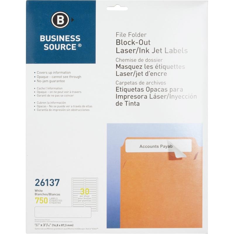 Business Source Block-out File Folder Labels - 3 7/16in Length - Permanent Adhesive - Laser, Inkjet - White - 30 / Sheet - 750 / Pack - Lignin-free (Min Order Qty 4) MPN:26137