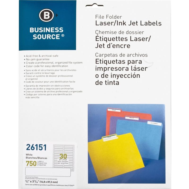 Business Source Laser/Inkjet Permanent File Folder Labels - 43/64in Width x 3 7/16in Length - Permanent Adhesive - Rectangle - Laser, Inkjet - White - 30 / Sheet - 750 / Pack - Jam-free, Lignin-free (Min Order Qty 4) MPN:26151