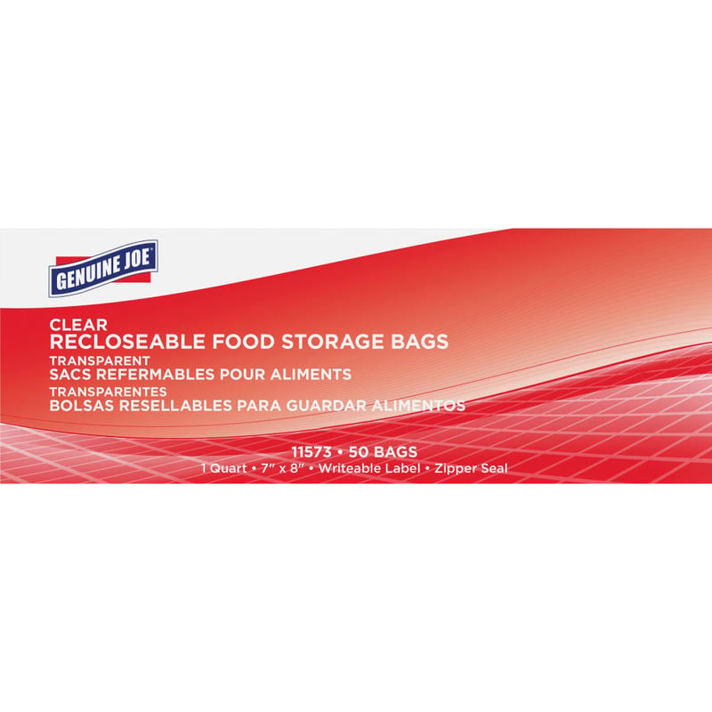 Genuine Joe Food Storage Bags - 1 quart Capacity - 7in Width x 8in Length - 1.75 mil (44 Micron) Thickness - Clear - 9/Carton - 50 Per Box - Food, Beef, Seafood, Poultry, Vegetables (Min Order Qty 3) MPN:11573CT