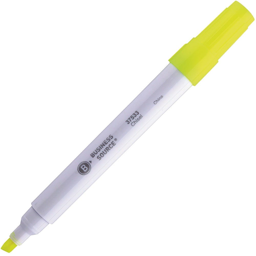 Business Source Value Highlighters, Chisel Point, White Barrel, Yellow Ink, Pack Of 12 (Min Order Qty 9) MPN:37533