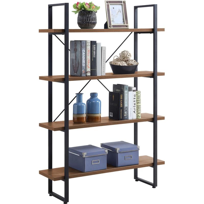 Lorell SOHO Rustic Metal Frame Bookcase - 39.4in x 11.8in57.5in - 4 Shelve(s) - Band Edge - Finish: Walnut - Sturdy, Durable MPN:97619