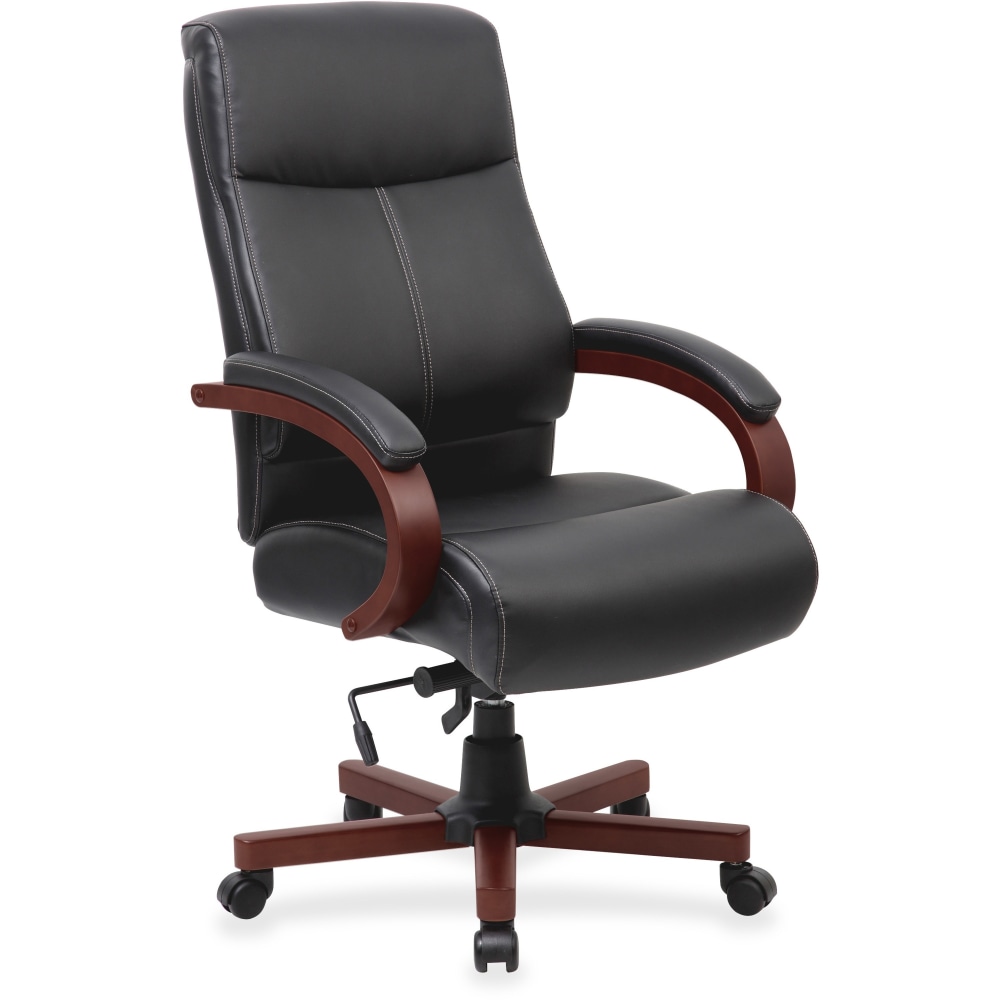 Lorell Executive Ergonomic Bonded Leather/Wood Chair, Black/Mahogany MPN:69532