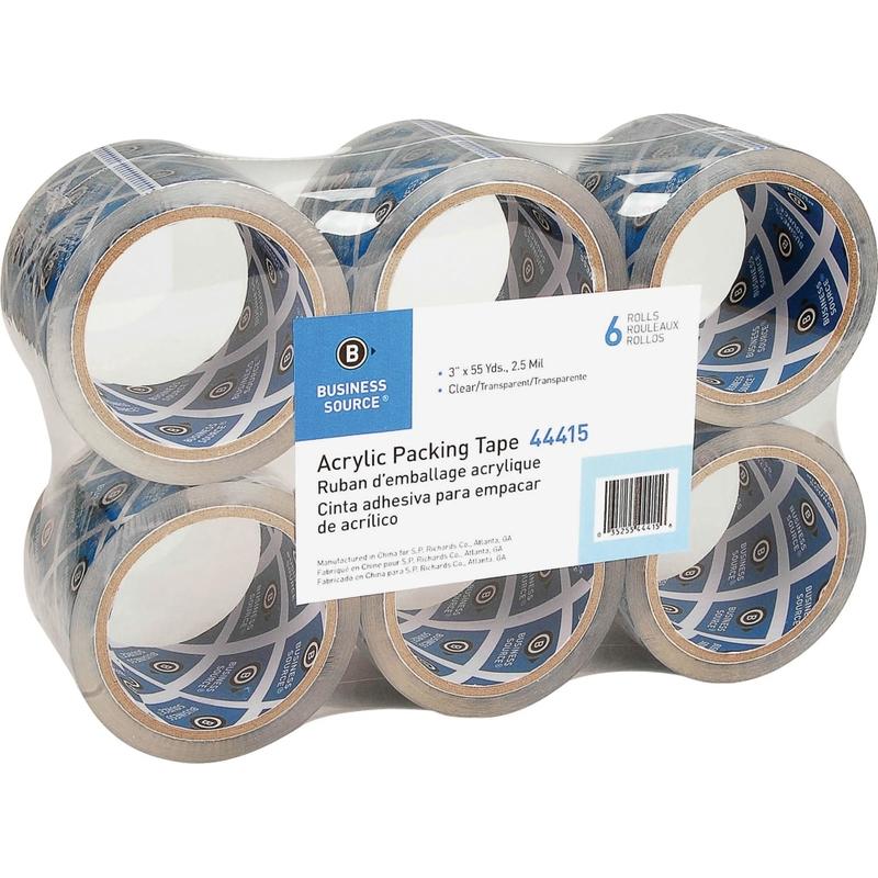 Business Source Acrylic Packing Tape - 55 yd Length x 3in Width - 2.5 mil Thickness - 3in Core - Pressure-sensitive Poly - Acrylic Backing - For Mailing, Shipping, Storing - 6 / Pack - Clear (Min Order Qty 3) MPN:44415