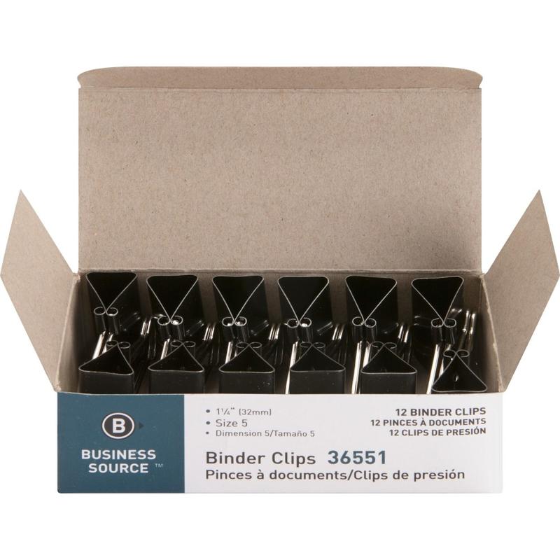 Business Source Fold-Back Binder Clips, 1-5/16in x 1-5/16in, 11/16in Capacity, Black/Silver, Pack Of 12 Clips (Min Order Qty 12) MPN:36551