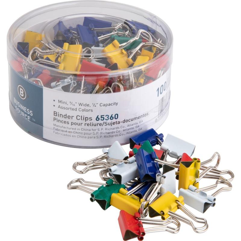 Business Source Colored Fold-back Binder Clips - Mini - 0.6in Width - 0.25in Size Capacity - 100 / Pack - Assorted - Steel (Min Order Qty 7) MPN:65360