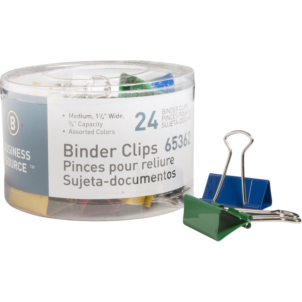 Business Source Colored Fold-back Binder Clips - Medium - 1.3in Width - 0.63in Size Capacity - 24 / Pack - Assorted - Steel (Min Order Qty 6) MPN:65362