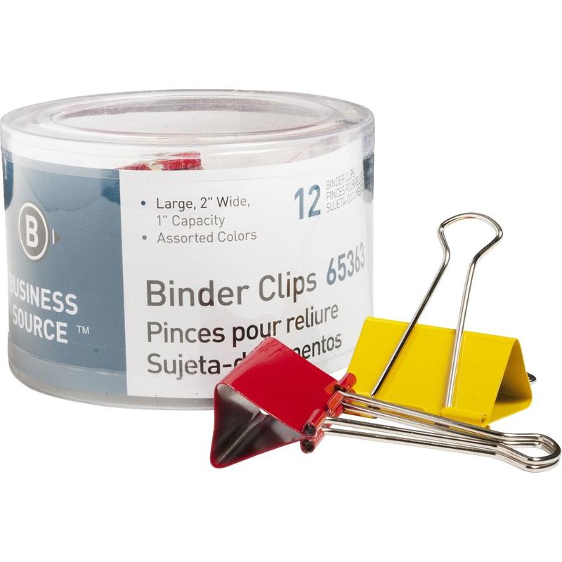 Business Source Colored Fold-back Binder Clips - Large - 2in Width - 1in Size Capacity - 12 / Pack - Assorted - Steel (Min Order Qty 8) MPN:65363