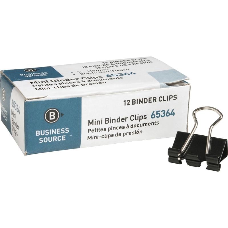 Business Source Fold-back Binder Clips - Mini - 0.6in Width - 0.25in Size Capacity - for Paper - 1Dozen - Black - Steel (Min Order Qty 42) MPN:65364