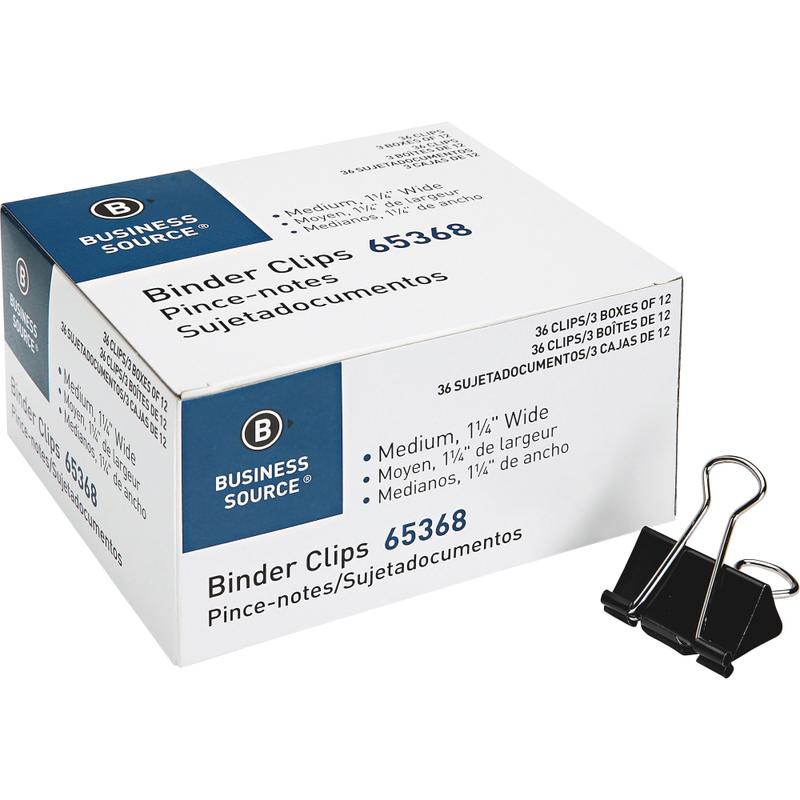 Business Source Binder Clips - Medium - 1.3in Width - for Paper - 36 / Pack - Black (Min Order Qty 8) MPN:65368