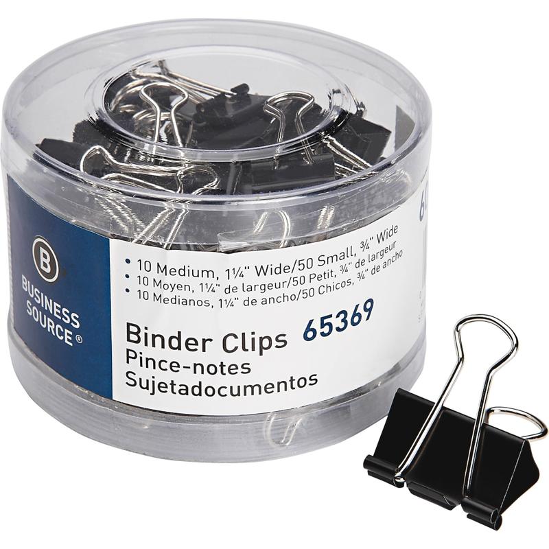 Business Source Small/Medium Binder Clips Set - Small, Medium - for Paper, Project, Document - 60 / Pack - Black (Min Order Qty 12) MPN:65369