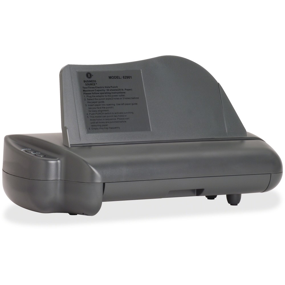 Business Source Electric Adjustable 3-hole Punch - 3 Punch Head(s) - 30 Sheet Capacity - 1/4in Punch Size - Gray MPN:62901