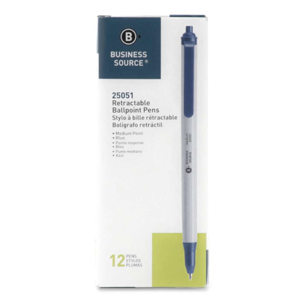 Business Source Retractable Ballpoint Pens - Medium Pen Point - Retractable - Blue - Gray Barrel - 1 Dozen (Min Order Qty 13) MPN:25051