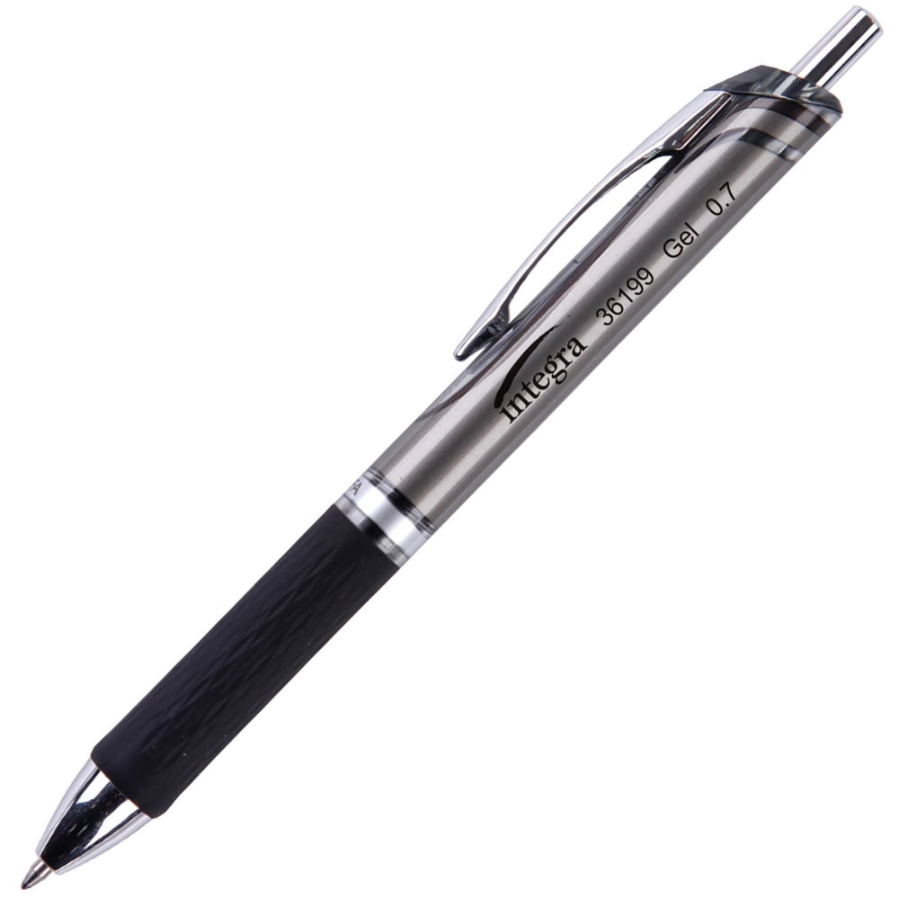 Integra Retractable Gel Ink Pens, Medium Point, 0.7 mm, Silver Barrel, Black Ink, Pack Of 12 Pens (Min Order Qty 5) MPN:36199