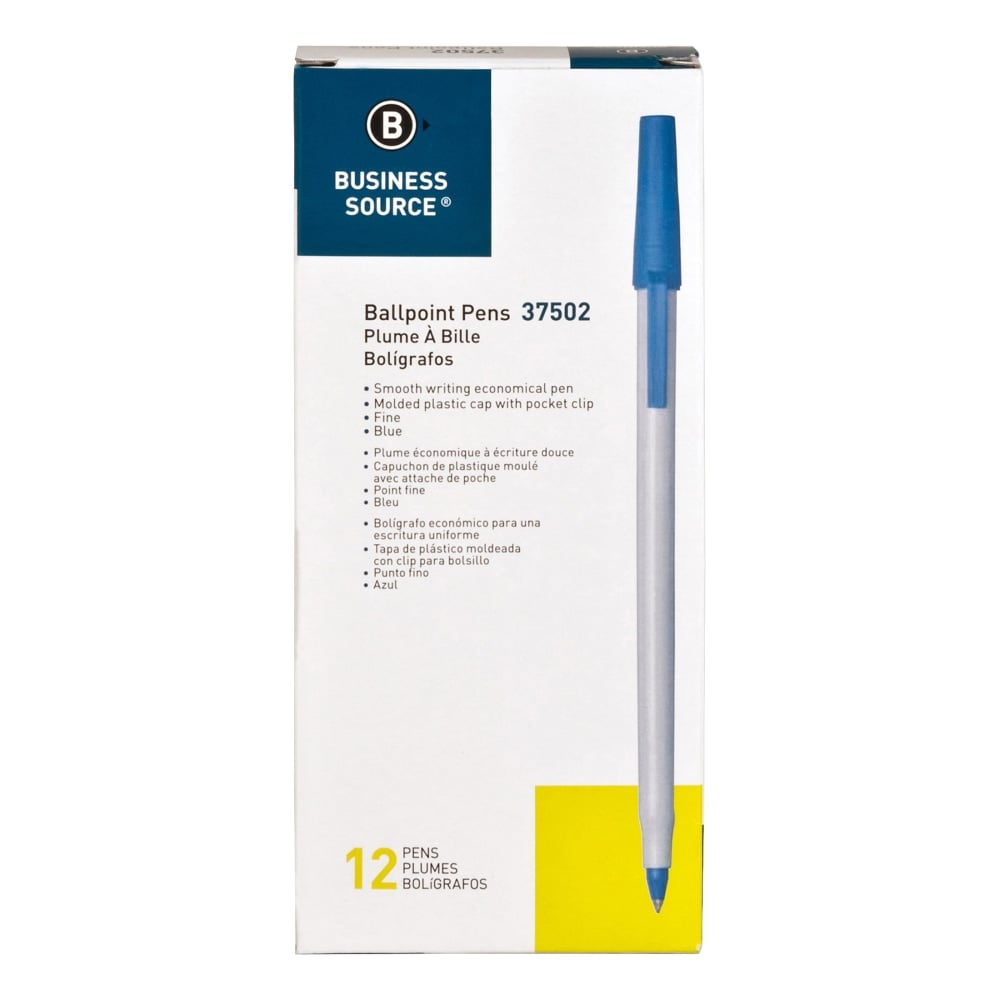 Business Source Ballpoint Stick Pens, Fine Point, Light Gray Barrel, Blue Ink, Pack Of 12 Pens (Min Order Qty 21) MPN:37502