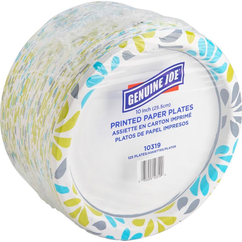 Genuine Joe 10in Printed Paper Plates - Disposable - Multi - 125 / Pack (Min Order Qty 3) MPN:10319