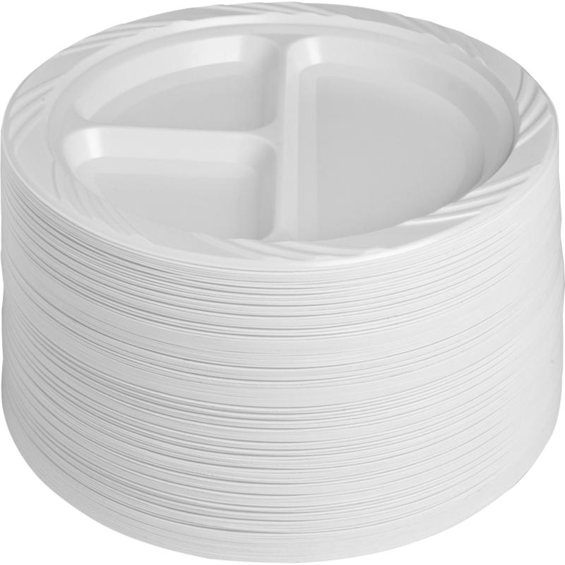 Genuine Joe 3-section Plastic Plates - 125 / Pack - Disposable - White - Plastic Body - 500 / Carton MPN:10425CT