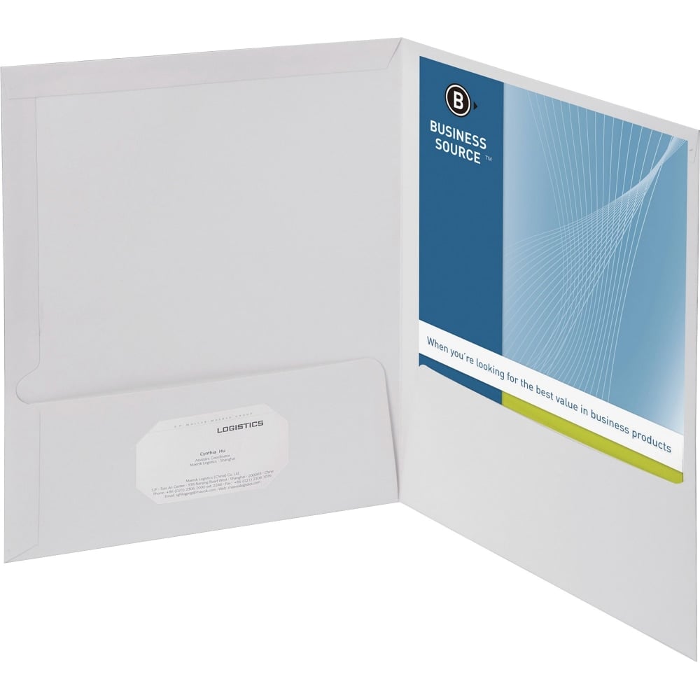 Business Source Letter Pocket Folder - 8 1/2in x 11in - 100 Sheet Capacity - 2 Internal Pocket(s) - White - 25 / Box (Min Order Qty 2) MPN:44424