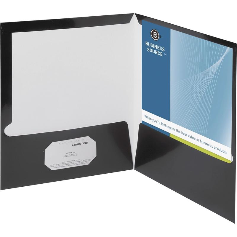 Business Source 2-Pocket Report Covers With Business Card Holder, Letter Size, 8 1/2in x 11in, Black, Box Of 25 Covers (Min Order Qty 3) MPN:44425