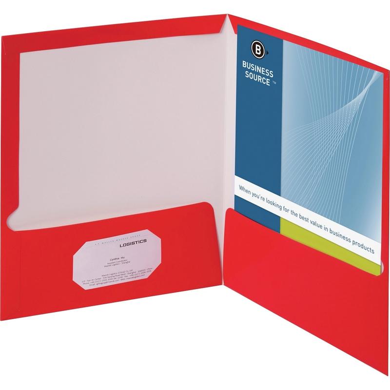 Business Source Letter Pocket Folder - 8 1/2in x 11in - 100 Sheet Capacity - 2 Internal Pocket(s) - Card Paper - Red - 25 / Box (Min Order Qty 3) MPN:44426