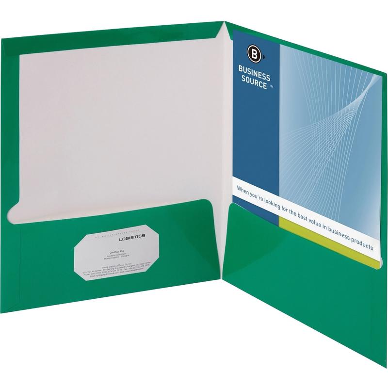 Business Source Letter Pocket Folder - 8 1/2in x 11in - 100 Sheet Capacity - 2 Internal Pocket(s) - Card Paper - Green - 25 / Box (Min Order Qty 3) MPN:44427