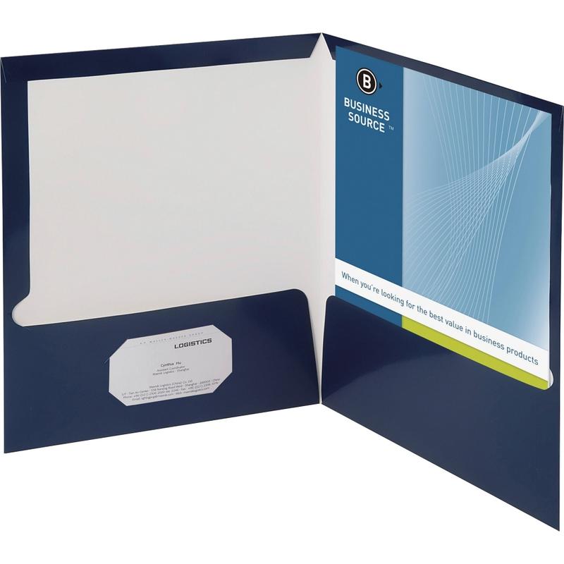 Business Source Letter Pocket Folder - 8 1/2in x 11in - 100 Sheet Capacity - 2 Internal Pocket(s) - Card Paper - Navy - 25 / Box (Min Order Qty 3) MPN:44430