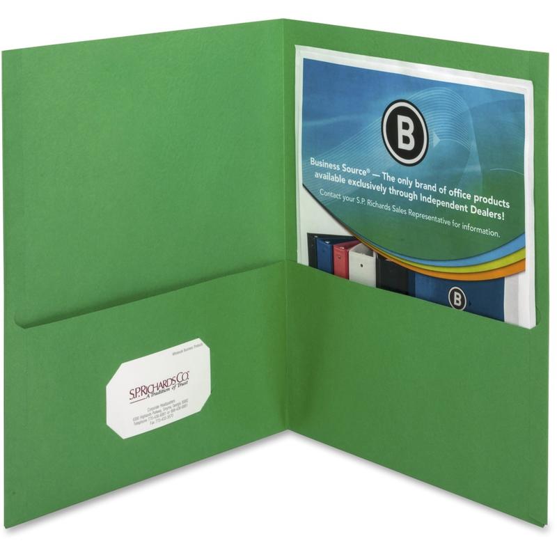 Business Source Letter Recycled Pocket Folder - 8 1/2in x 11in - 100 Sheet Capacity - 2 Inside Front & Back Pocket(s) - Paper - Green - 35% Recycled - 25 / Box (Min Order Qty 5) MPN:78493