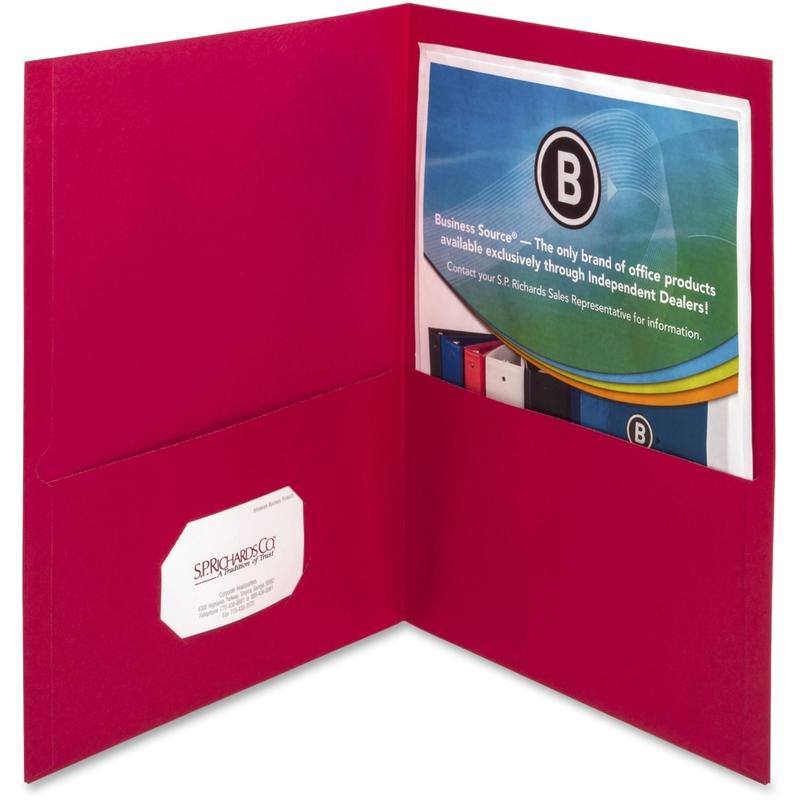 Business Source Letter Pocket Folder - 8 1/2in x 11in - 100 Sheet Capacity - 2 Inside Front & Back Pocket(s) - Paper - Red - 25 / Box (Min Order Qty 4) MPN:78494