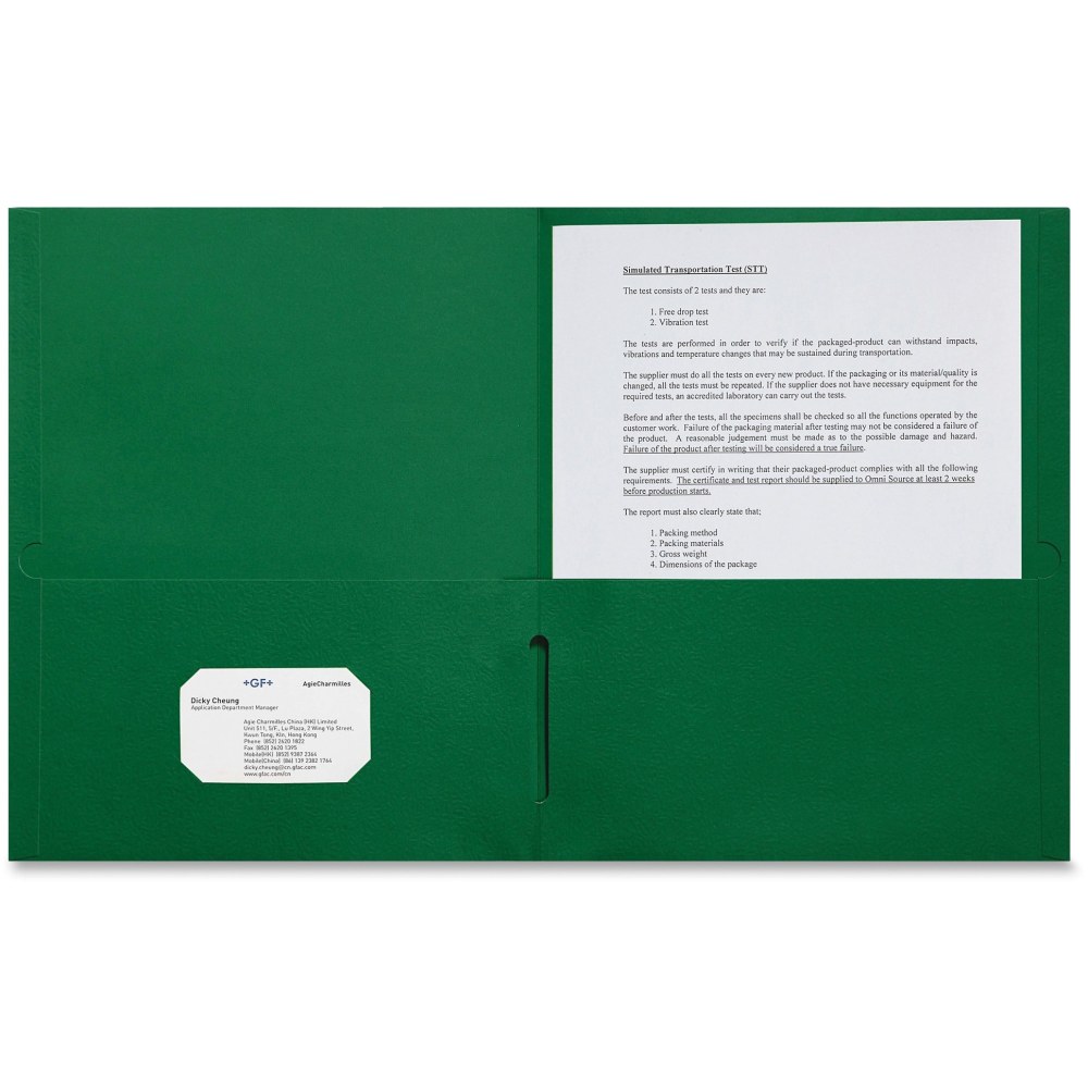 Sparco Leatherette Portfolio, 8-1/2in x 11in, 2 Pocket, Green, Box of 25 (Min Order Qty 6) MPN:78545