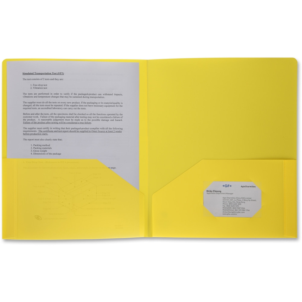 Business Source 2-Pocket Poly Portfolio, Letter Size, 8-1/2in x 11in, Yellow (Min Order Qty 56) MPN:20878