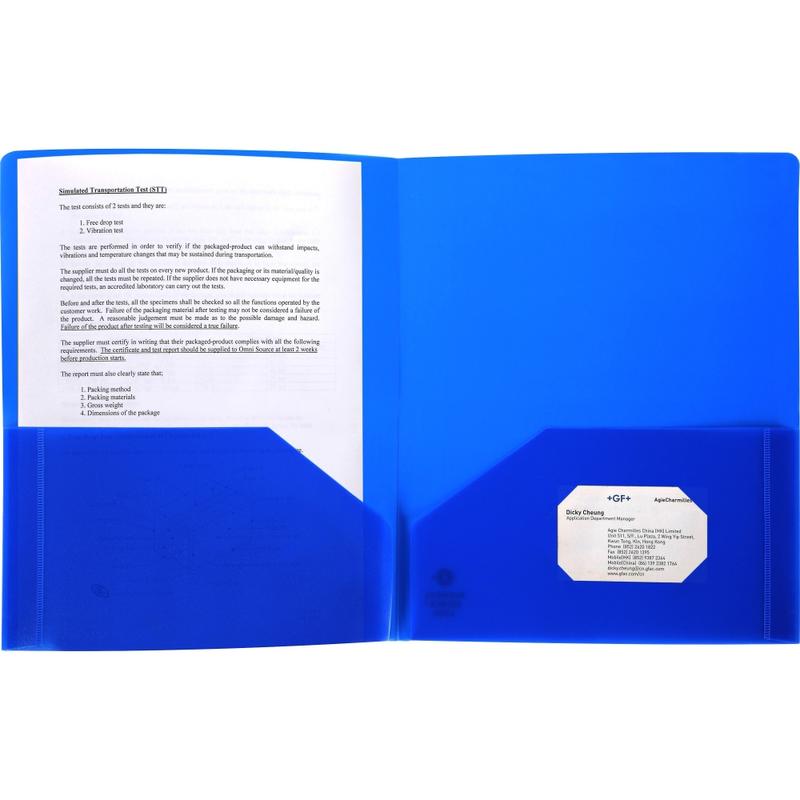 Business Source 2-Pocket Poly Portfolio, Letter Size, 8-1/2in x 11in, Blue (Min Order Qty 77) MPN:20880