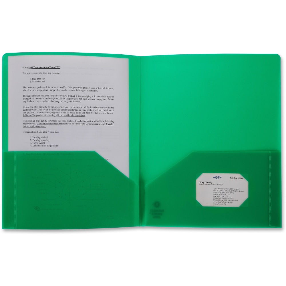 Business Source 2-Pocket Poly Portfolio, Letter Size, 8-1/2in x 11in, Green (Min Order Qty 56) MPN:20882