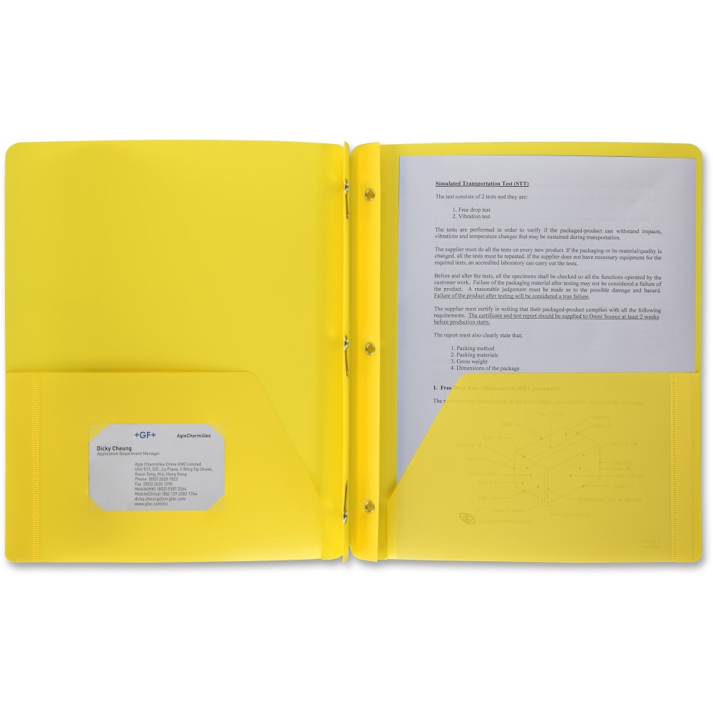 Business Source 3-Hole Punched Poly Portfolio, Letter Size, 8-1/2in x 11in, Yellow (Min Order Qty 44) MPN:20884